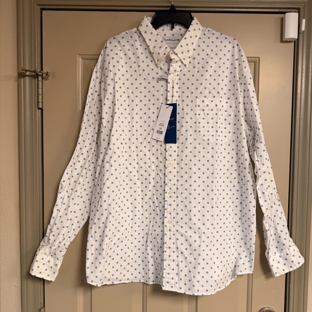 Saddlebred Classic Fit Comfort Flex Mens Size XXL White & Blue Button-Down Shirt